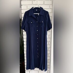 NWT Lands’ End Navy Button Front Midi Dress Tie Waist Puff Sleeve Classic